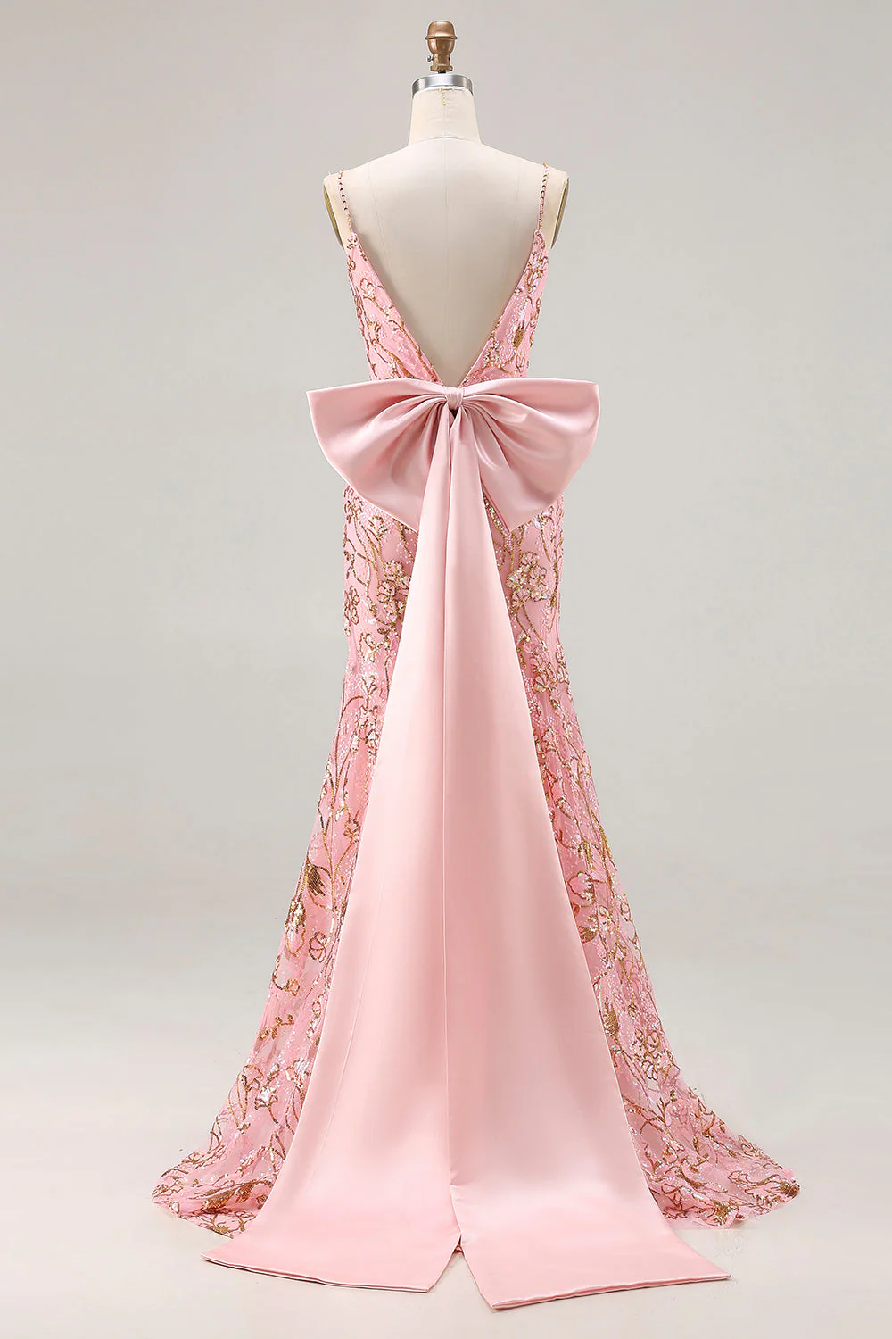Sparkly Pink Mermaid Sequin Back Bow Long Prom Dress with Slit - Image 2
