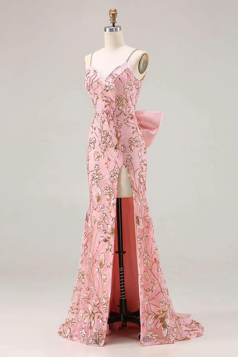 Sparkly Pink Mermaid Sequin Back Bow Long Prom Dress with Slit - Image 3