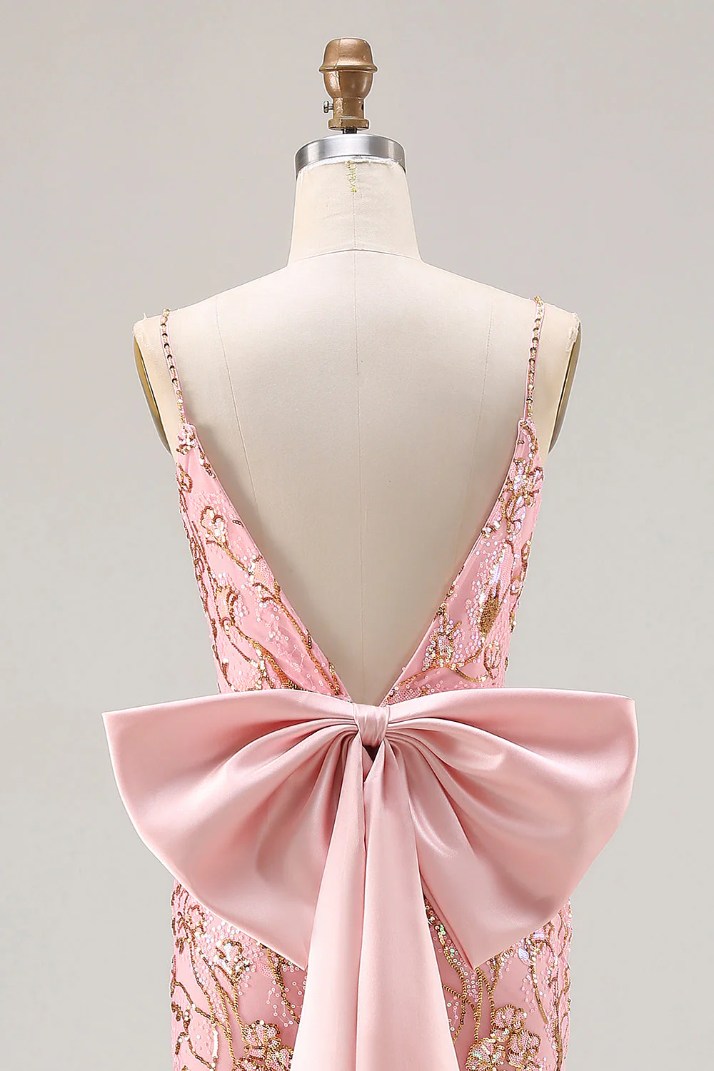 Sparkly Pink Mermaid Sequin Back Bow Long Prom Dress with Slit - Image 5