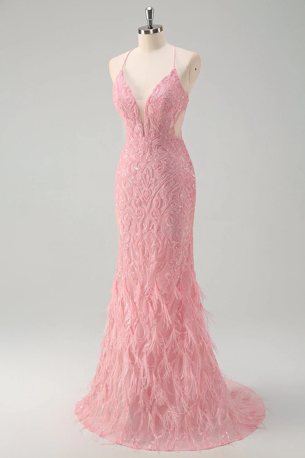 Sparkly Pink Mermaid Spaghetti Straps Sequin Long Prom Dress with Feathers - Image 3
