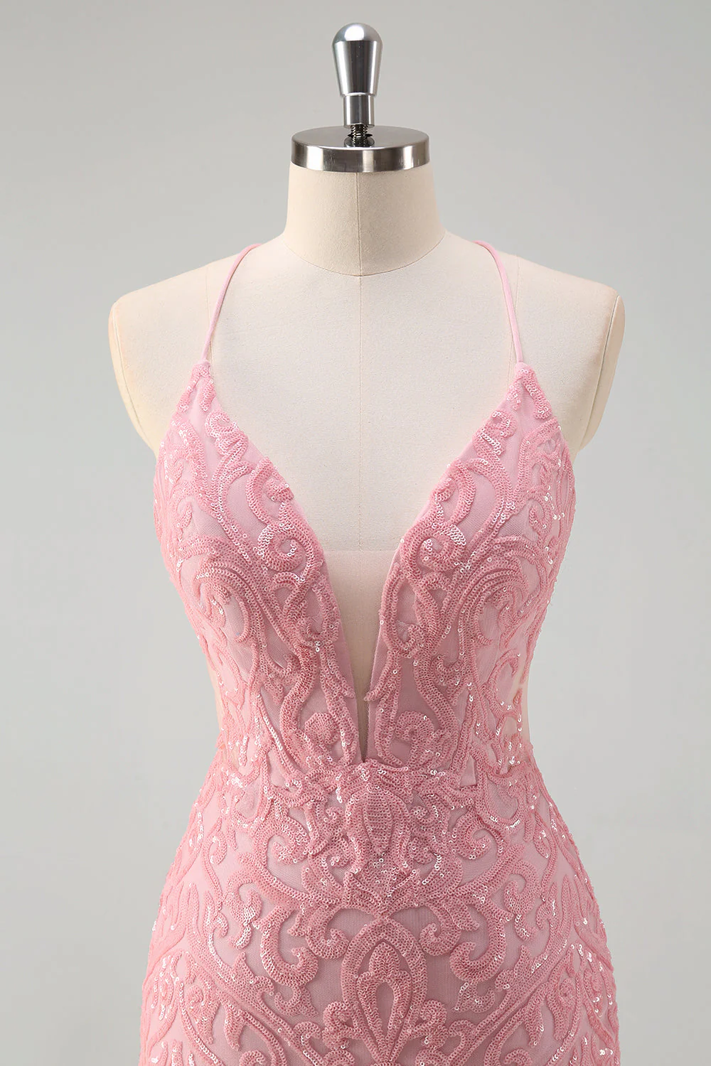 Sparkly Pink Mermaid Spaghetti Straps Sequin Long Prom Dress with Feathers - Image 4