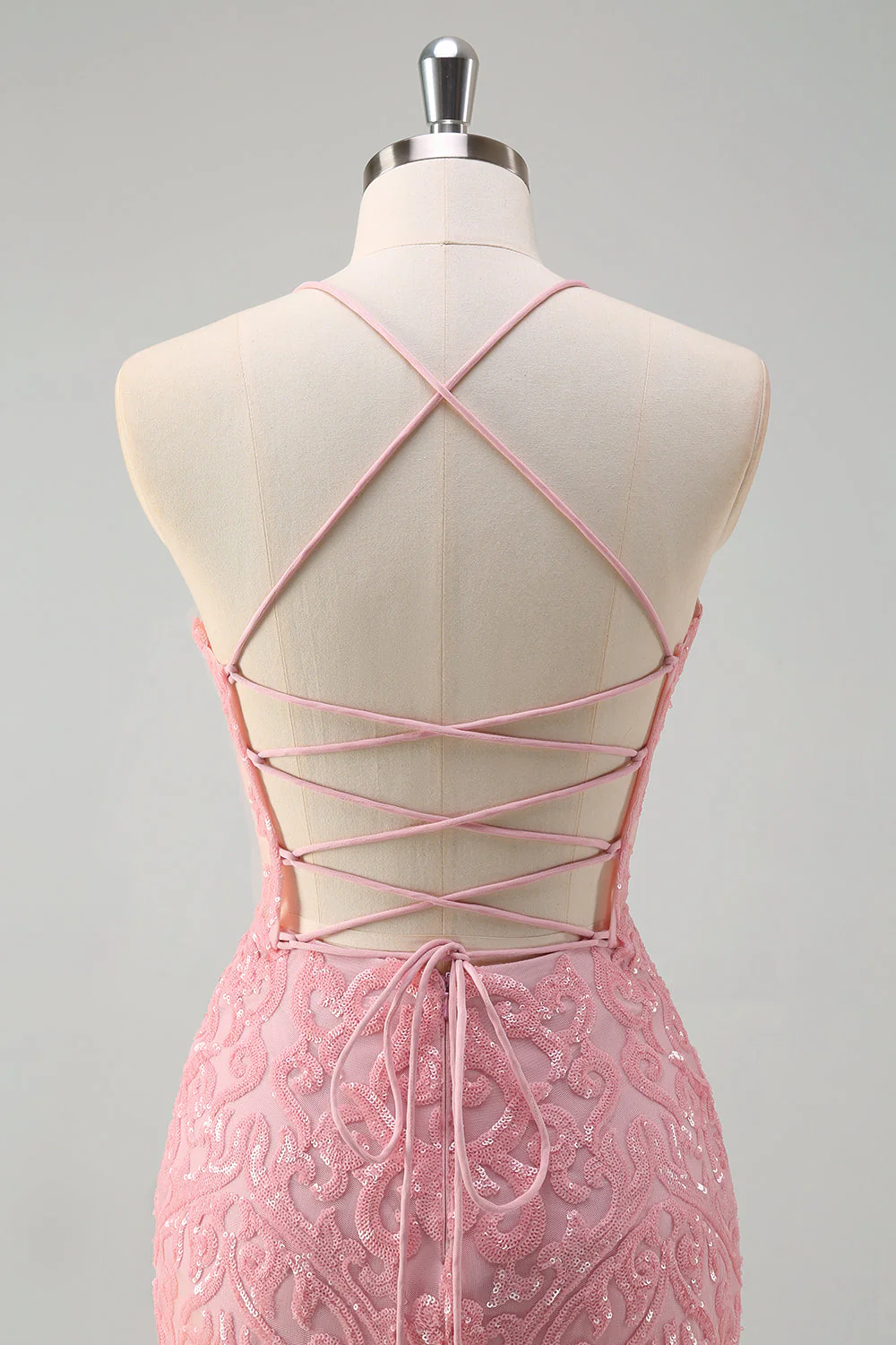 Sparkly Pink Mermaid Spaghetti Straps Sequin Long Prom Dress with Feathers - Image 5