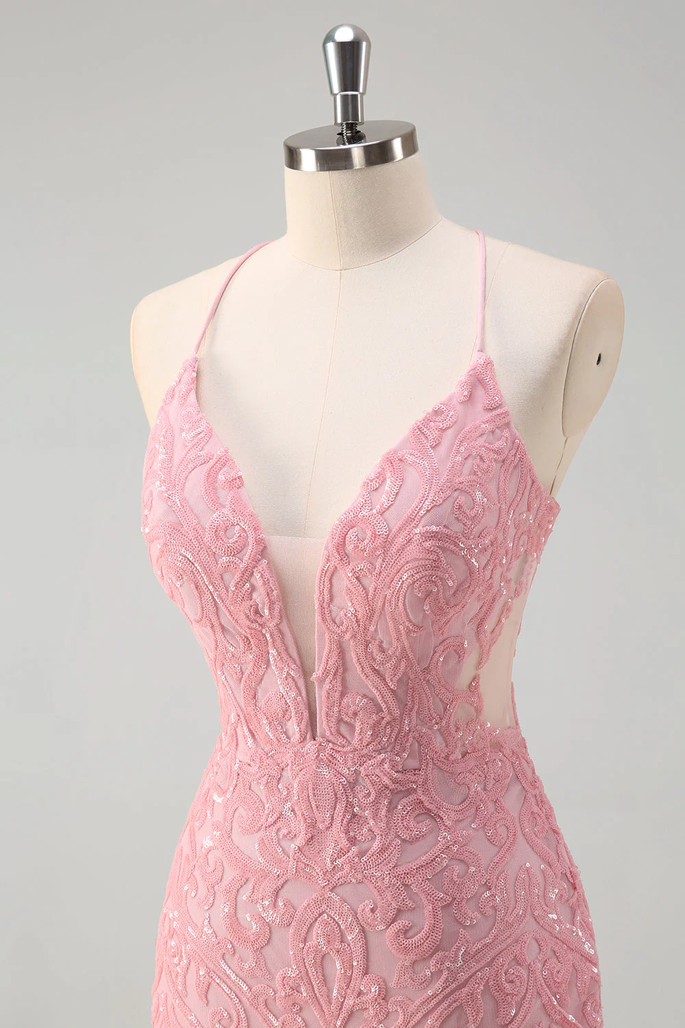 Sparkly Pink Mermaid Spaghetti Straps Sequin Long Prom Dress with Feathers - Image 6
