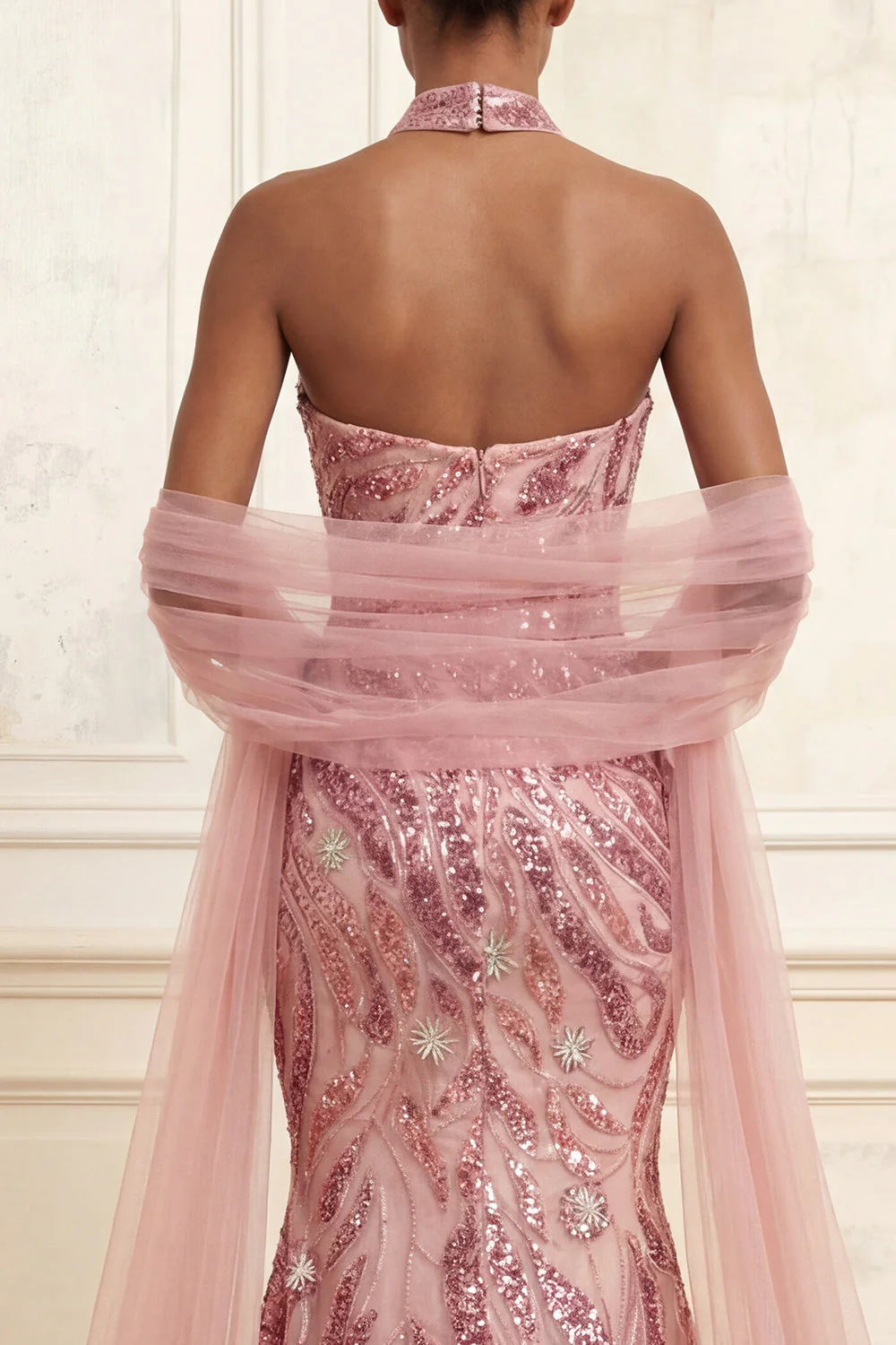 Sparkly Pink Mermaid Strapless Sequin Long Prom Dress with Streamer - Image 4