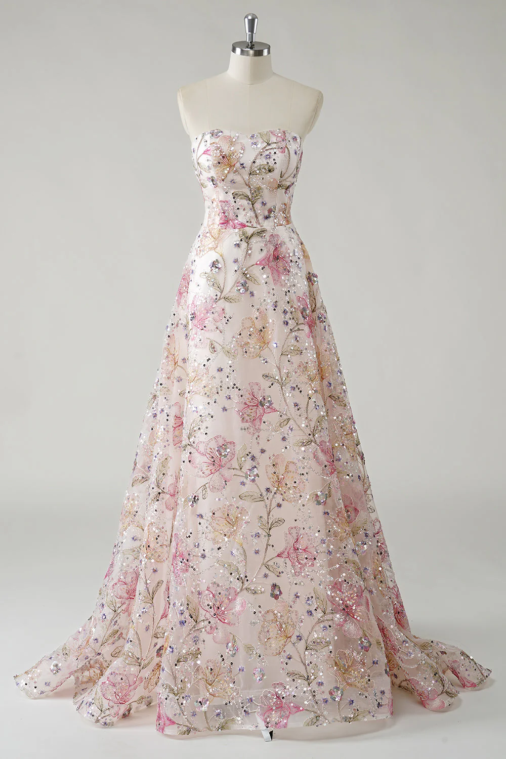 Sparkly Pink Strapless A-Line Sequin Long Plus Size Prom Dress - Image 5