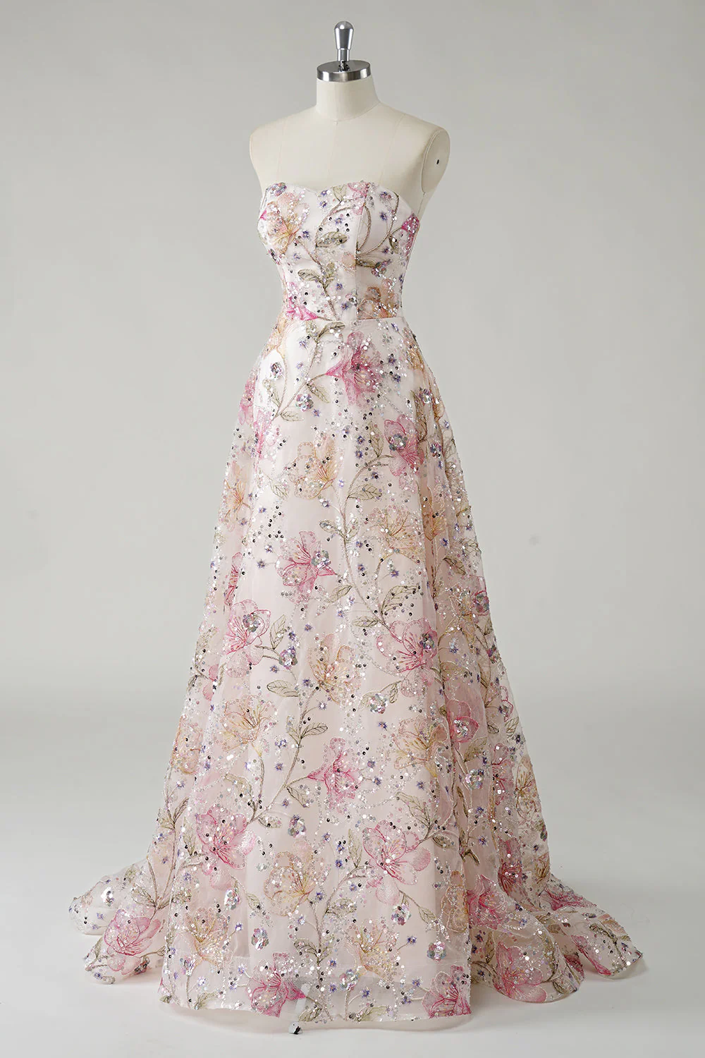 Sparkly Pink Strapless A-Line Sequin Long Plus Size Prom Dress - Image 7