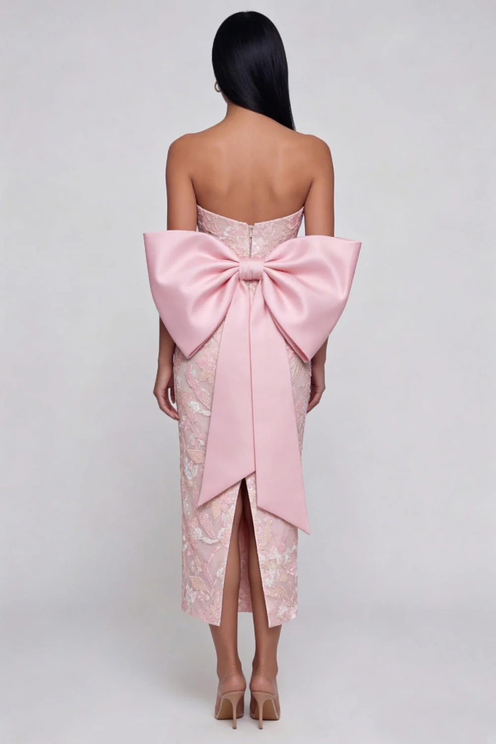Sparkly Pink Strapless Appliqued Sheath Midi Dress with Bowknot - Image 3