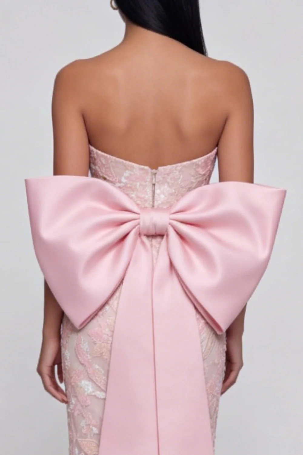 Sparkly Pink Strapless Appliqued Sheath Midi Dress with Bowknot - Image 4