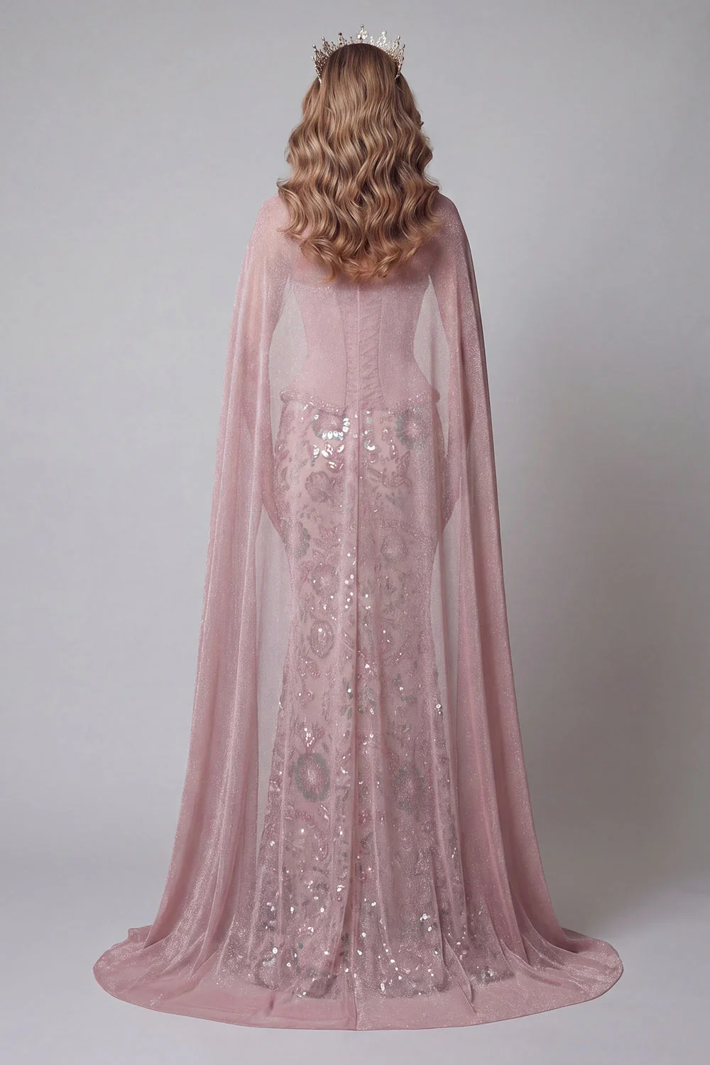 Sparkly Pink Strapless Mermaid Long Sequin Evening Dress with Cape - Image 2