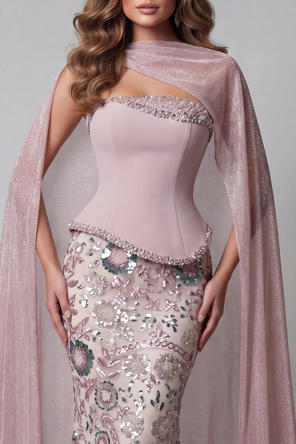 Sparkly Pink Strapless Mermaid Long Sequin Evening Dress with Cape - Image 3