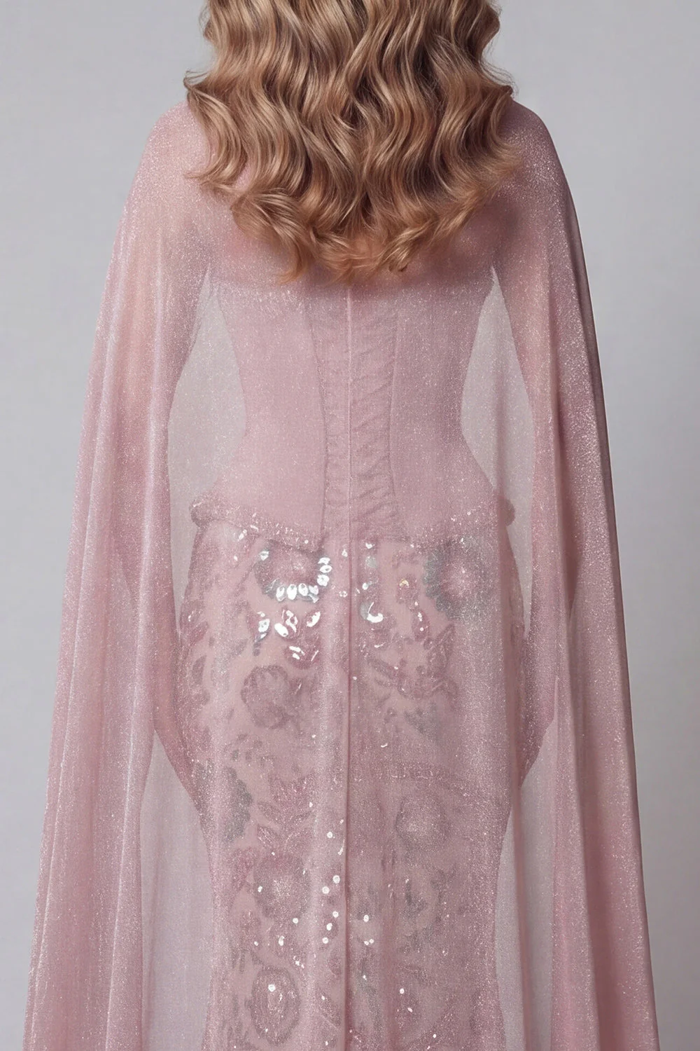 Sparkly Pink Strapless Mermaid Long Sequin Evening Dress with Cape - Image 4