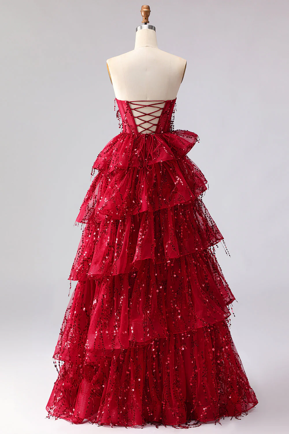 Sparkly Princess Burgundy Sweetheart Fringed Sequin Long Prom Dress with Ruffles - Image 2