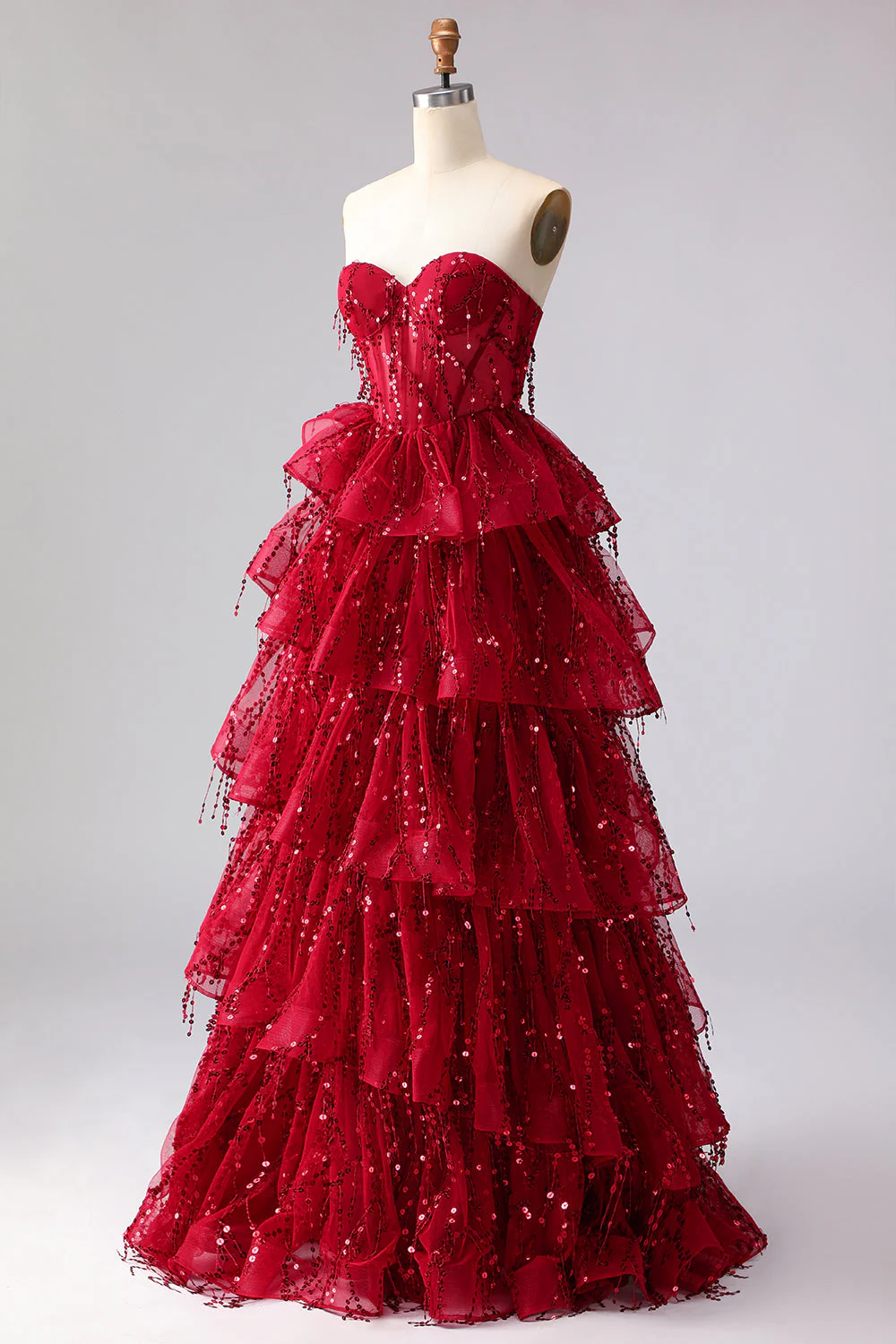 Sparkly Princess Burgundy Sweetheart Fringed Sequin Long Prom Dress with Ruffles - Image 3