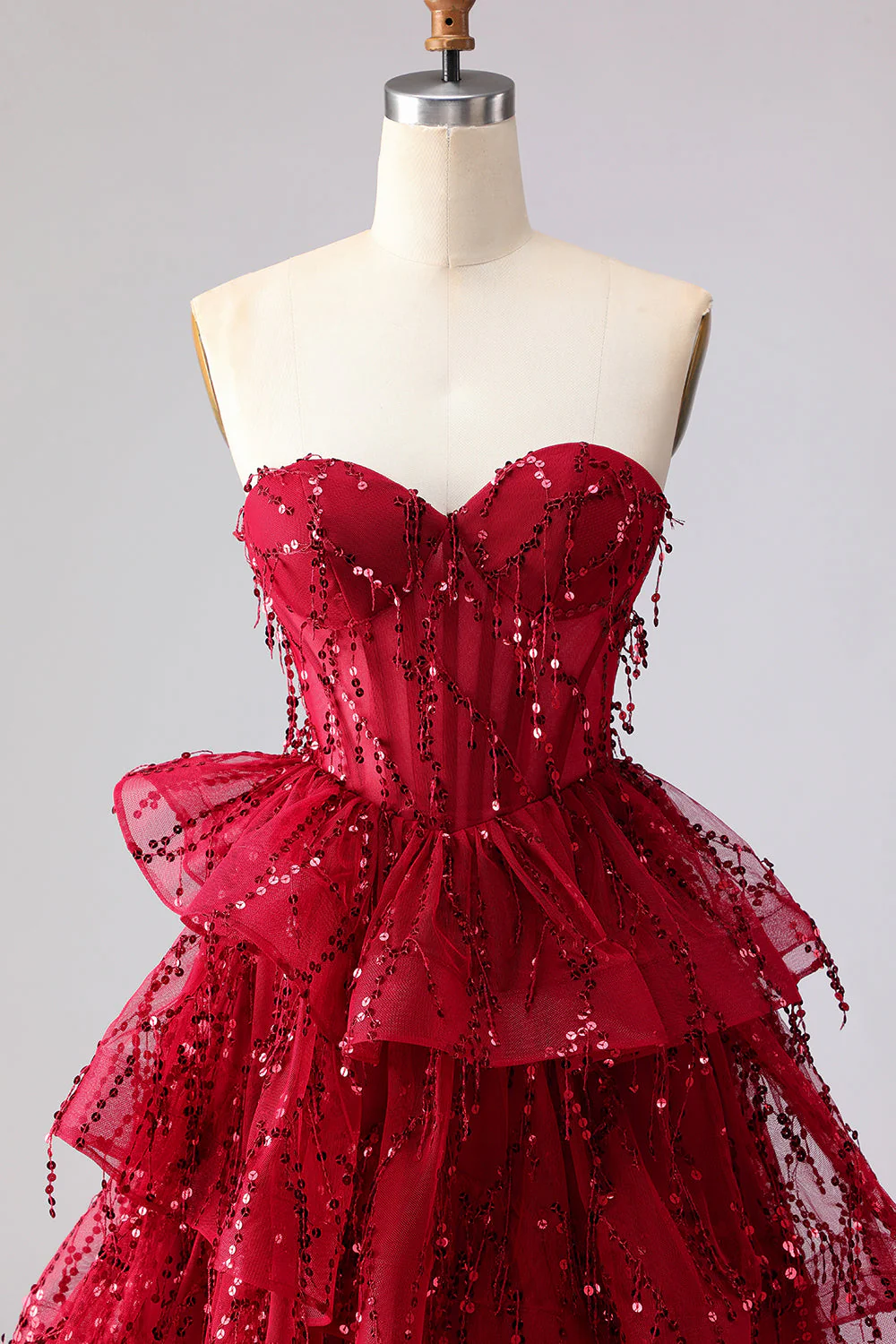 Sparkly Princess Burgundy Sweetheart Fringed Sequin Long Prom Dress with Ruffles - Image 4