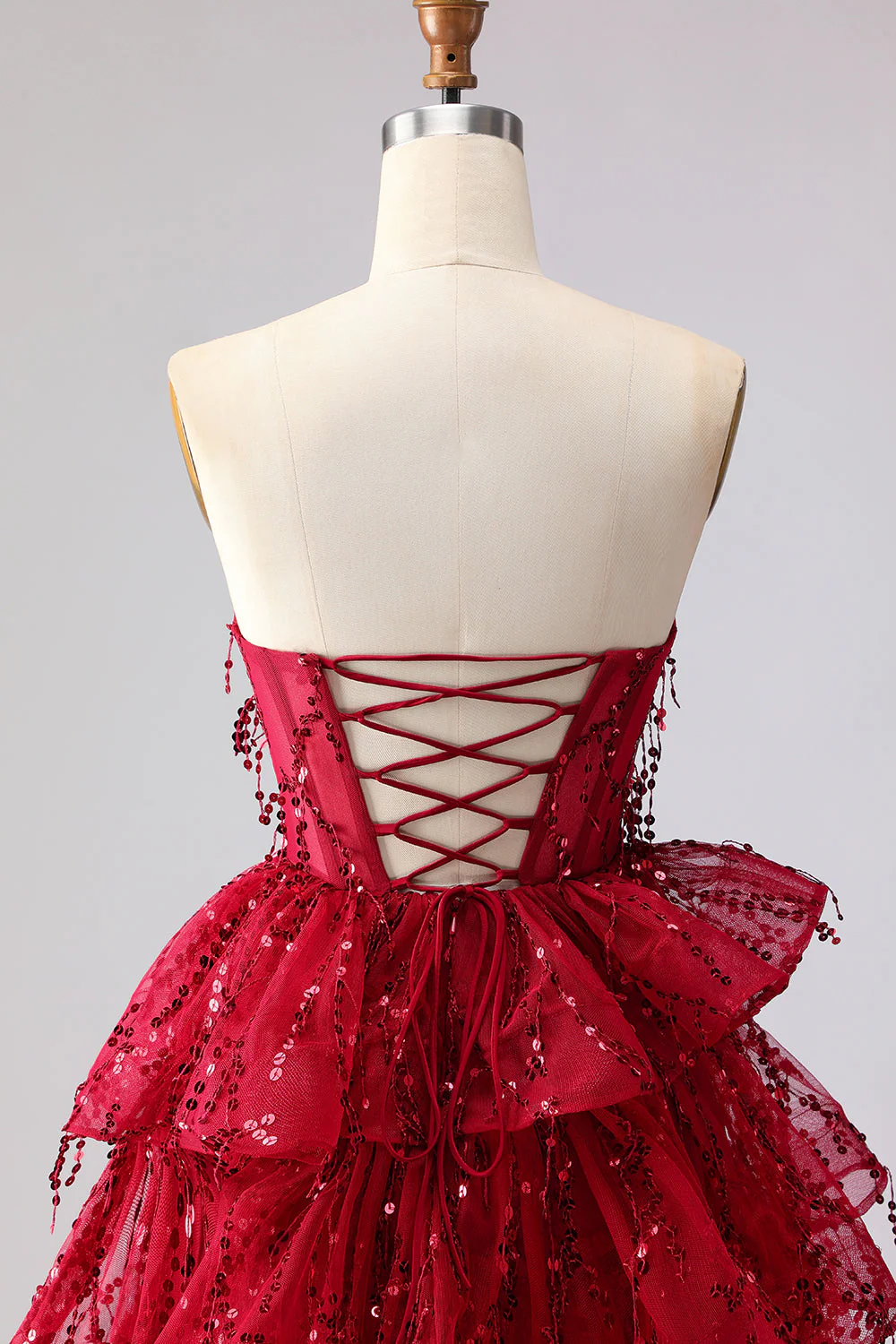 Sparkly Princess Burgundy Sweetheart Fringed Sequin Long Prom Dress with Ruffles - Image 5