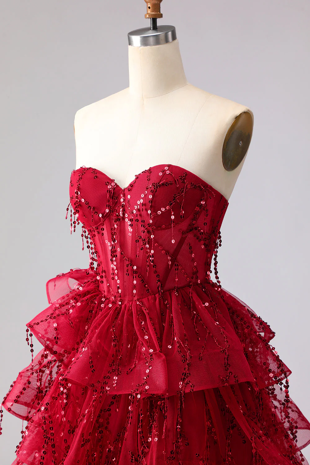 Sparkly Princess Burgundy Sweetheart Fringed Sequin Long Prom Dress with Ruffles - Image 6