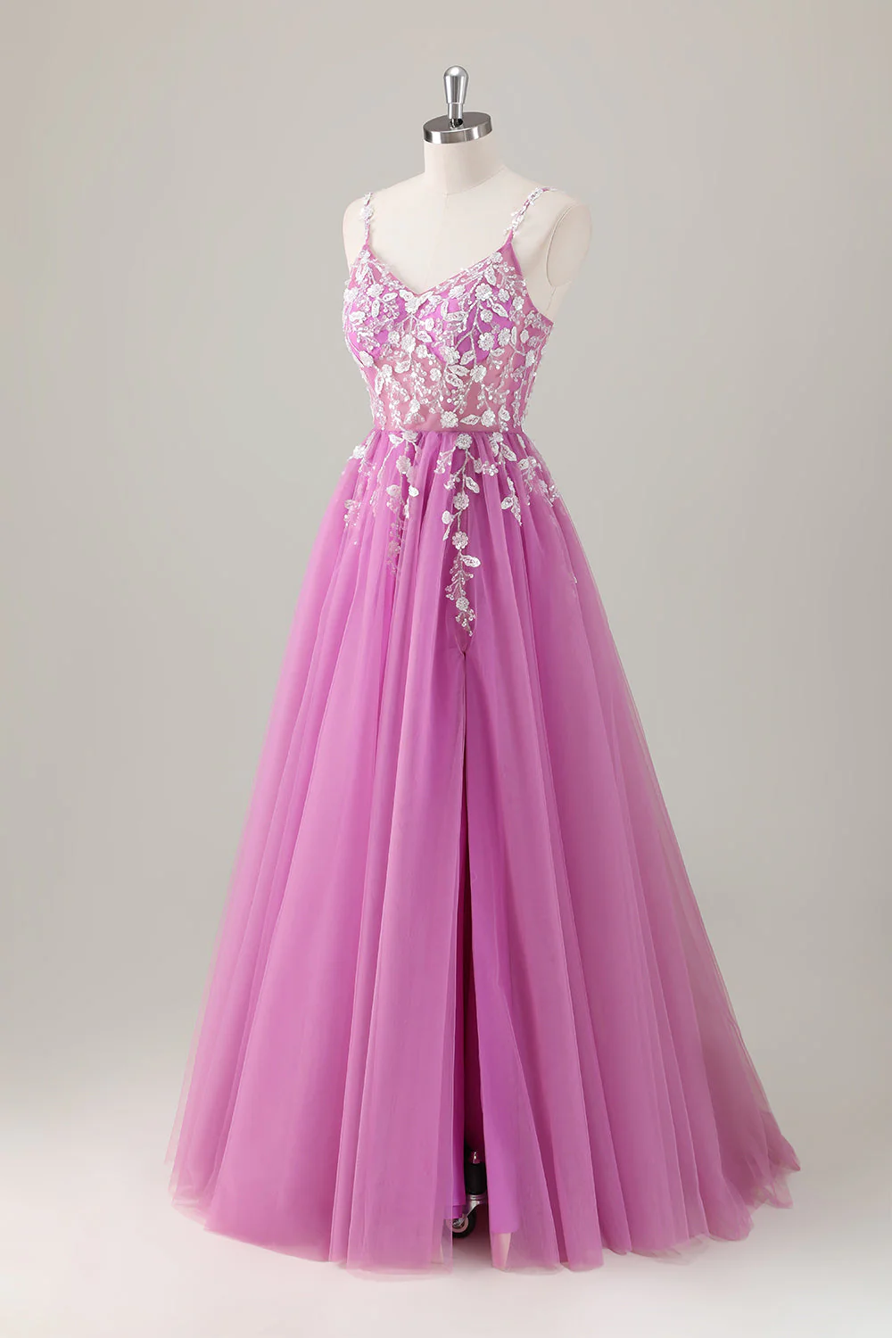 Sparkly Purple A-Line Appliqued Long Prom Dress with Slit - Image 3