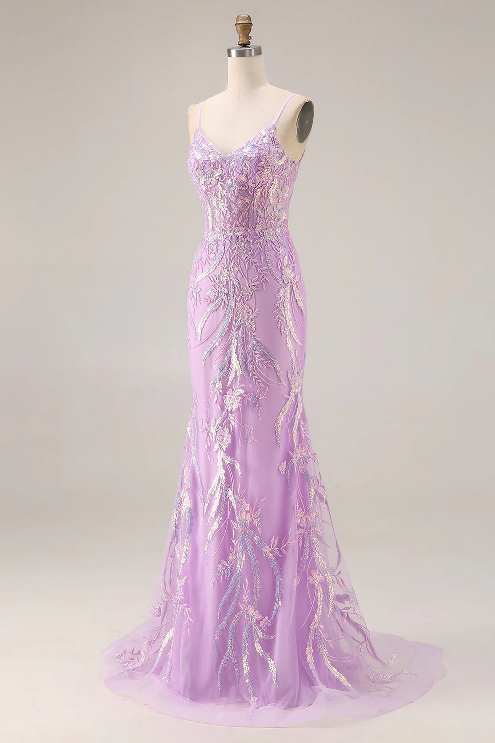 Sparkly Purple Mermaid Corset Sequins Long Prom Dress with Lace Appliques - Image 3