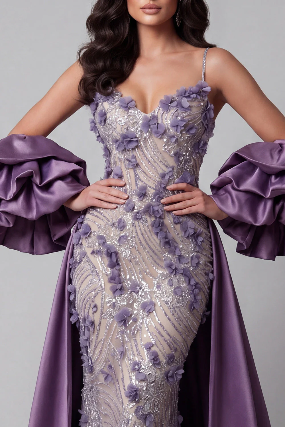 Sparkly Purple Mermaid 3D Flowers Long Evening Dress withh Sequins - Image 3