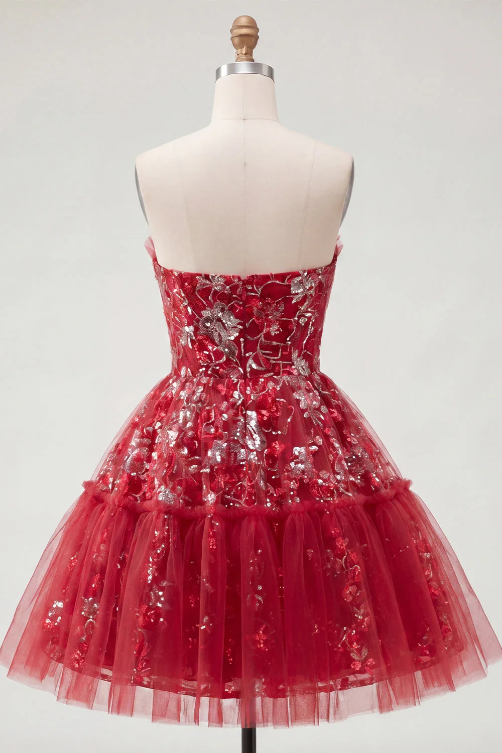 Red Strapless A Line Cute Cocktail Dress with Sequins - Image 2