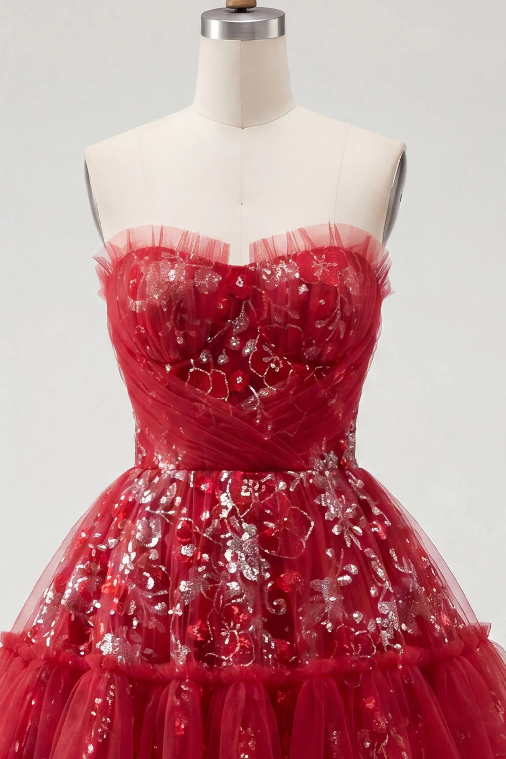 Red Strapless A Line Cute Cocktail Dress with Sequins - Image 5