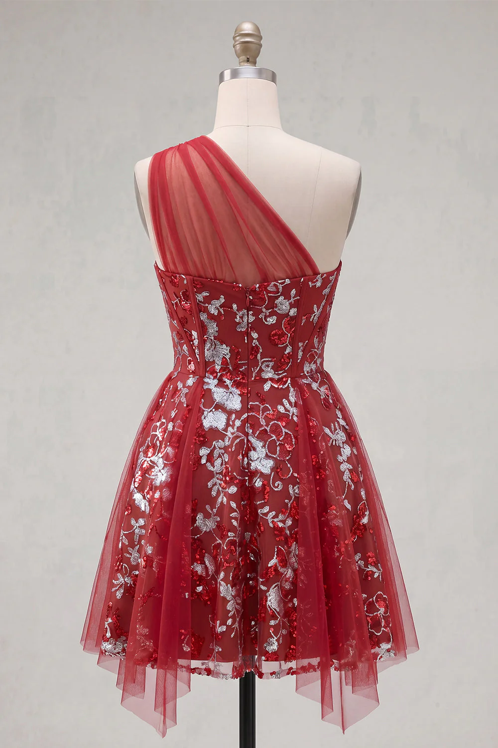 Sparkly Red A Line One Shoulder Cocktail Dress with Sequins - Image 2