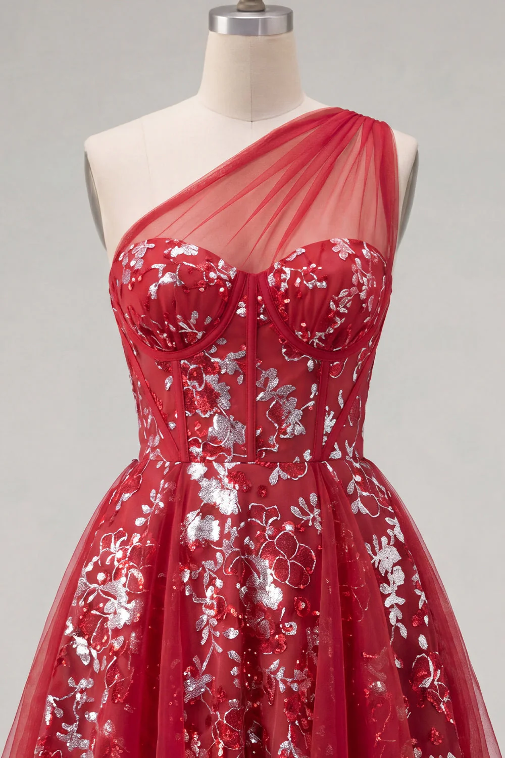 Sparkly Red A Line One Shoulder Cocktail Dress with Sequins - Image 5