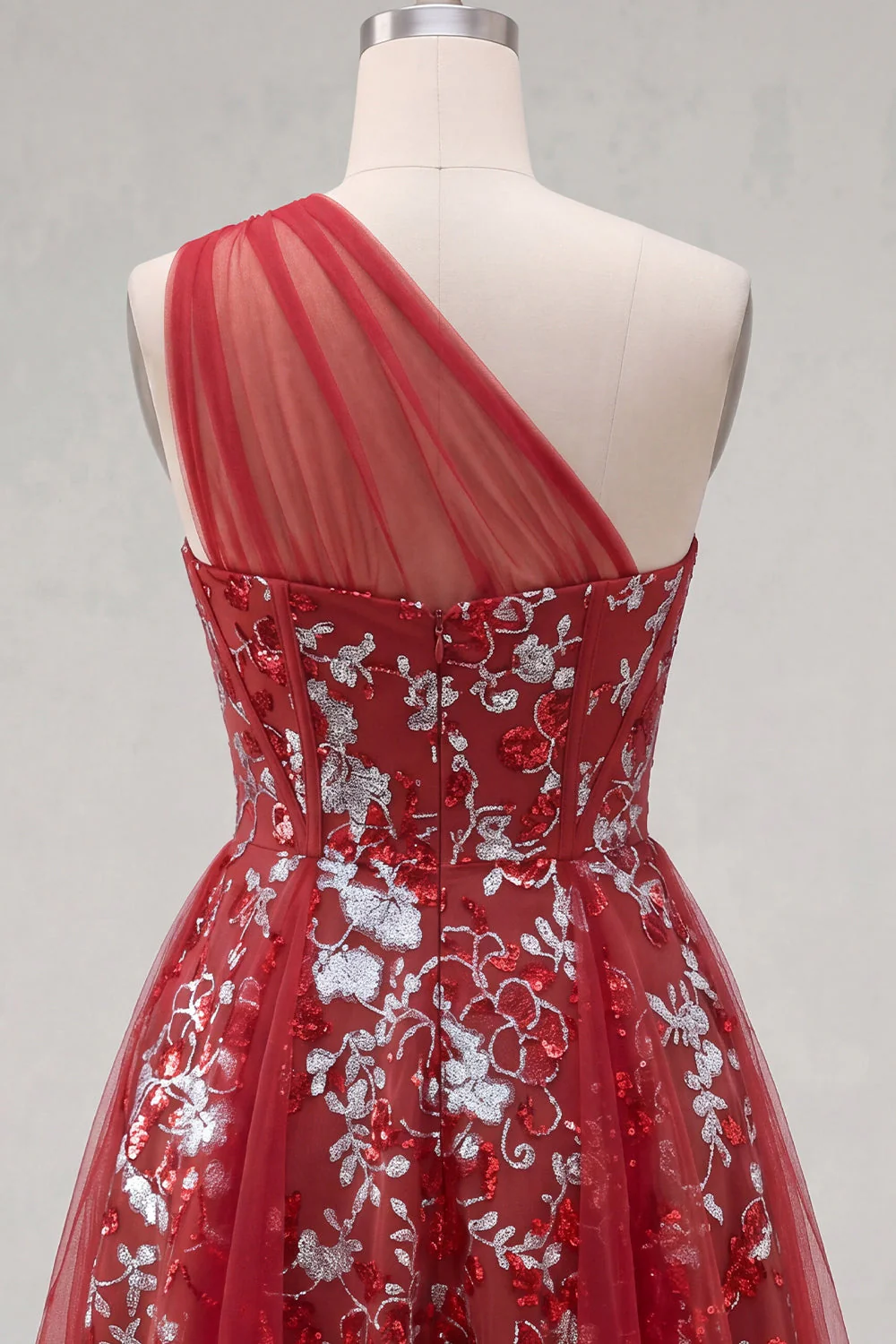 Sparkly Red A Line One Shoulder Cocktail Dress with Sequins - Image 6