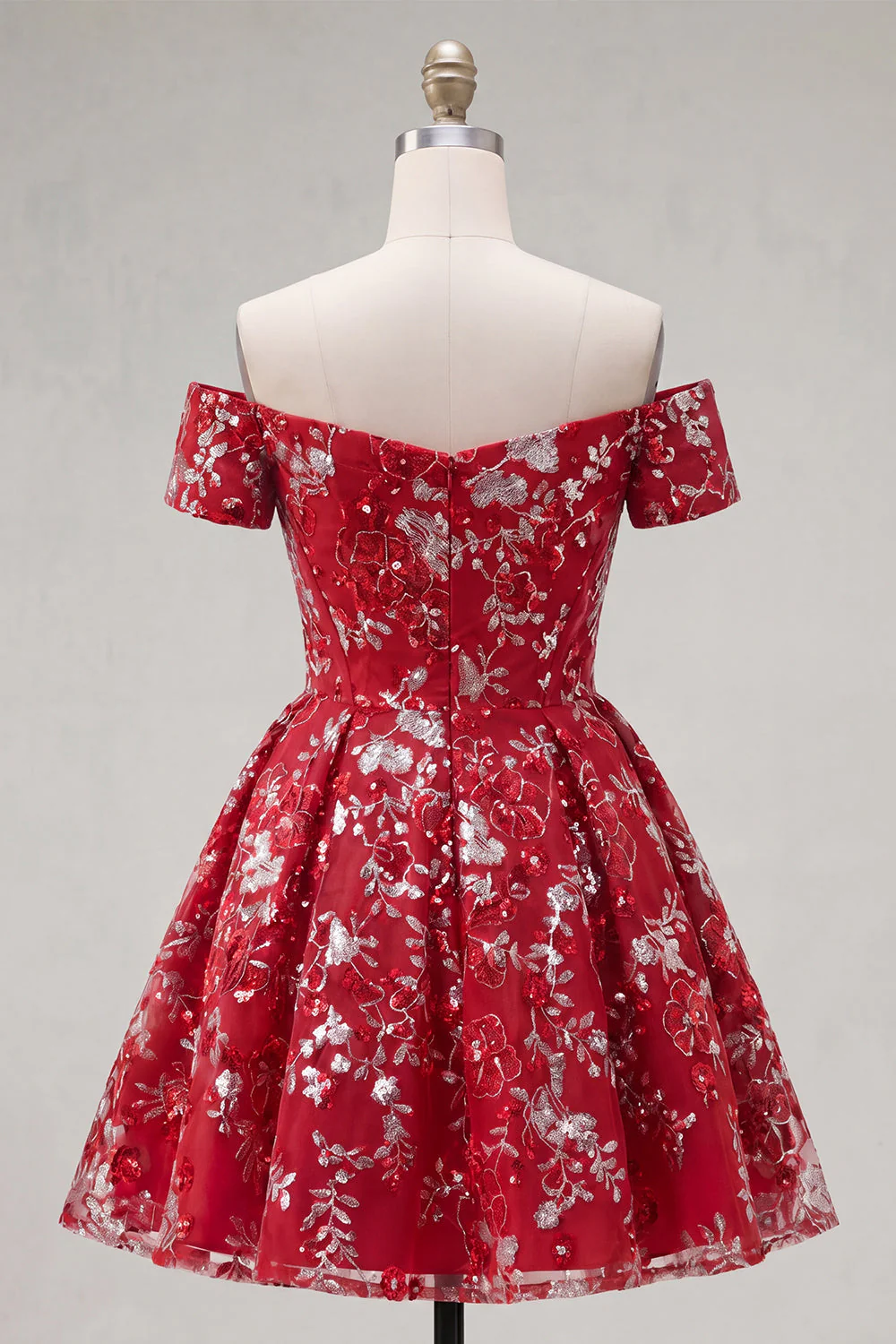 Off The Shoulder Red A Line Short Cocktail Dress with Sequins - Image 2