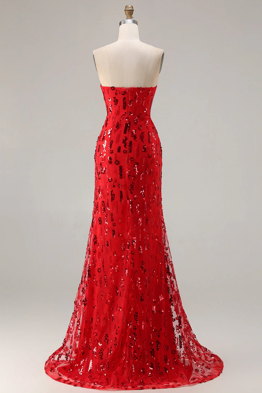 Sparkly Red Strapless Mermaid Sequin Long Prom Dress with Slit - Image 2