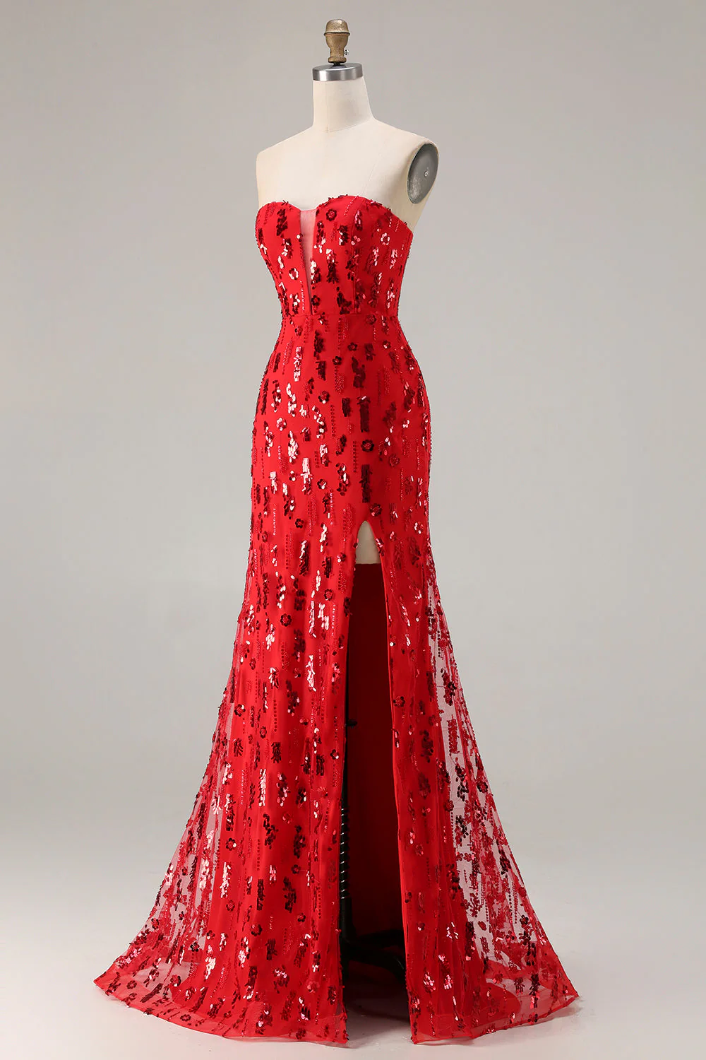 Sparkly Red Strapless Mermaid Sequin Long Prom Dress with Slit - Image 3