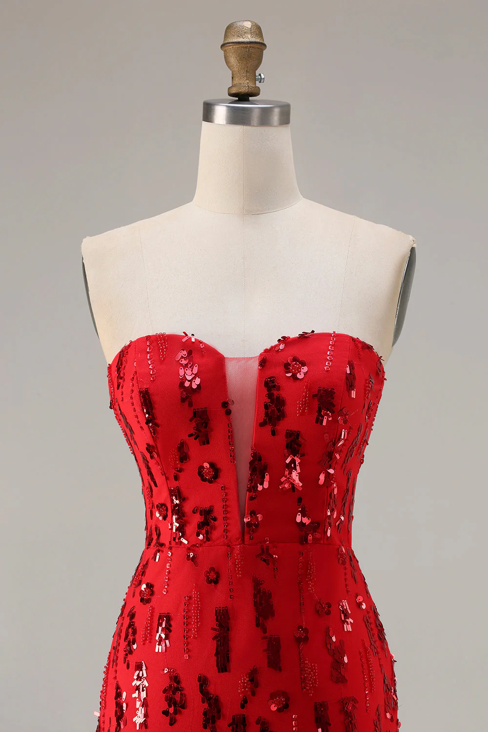 Sparkly Red Strapless Mermaid Sequin Long Prom Dress with Slit - Image 4