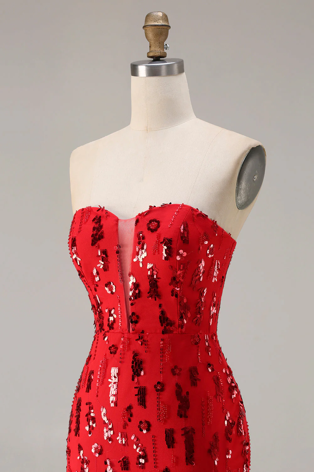 Sparkly Red Strapless Mermaid Sequin Long Prom Dress with Slit - Image 6