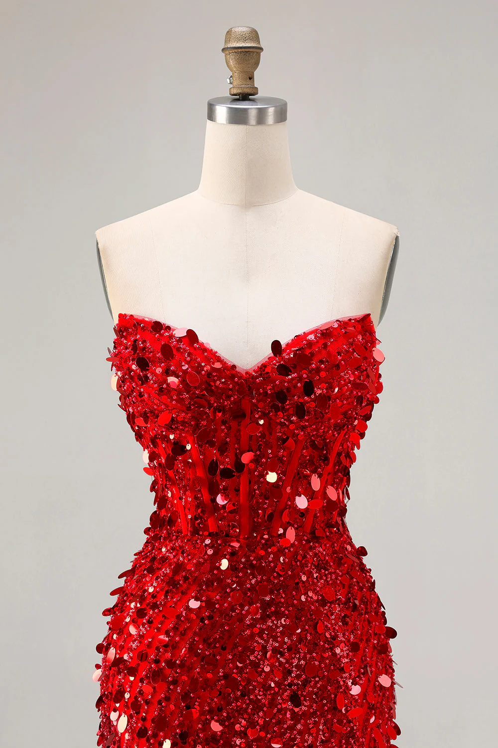 Sparkly Red Strapless Sheath Sequins Corset Long Prom Dress with Slit - Image 4