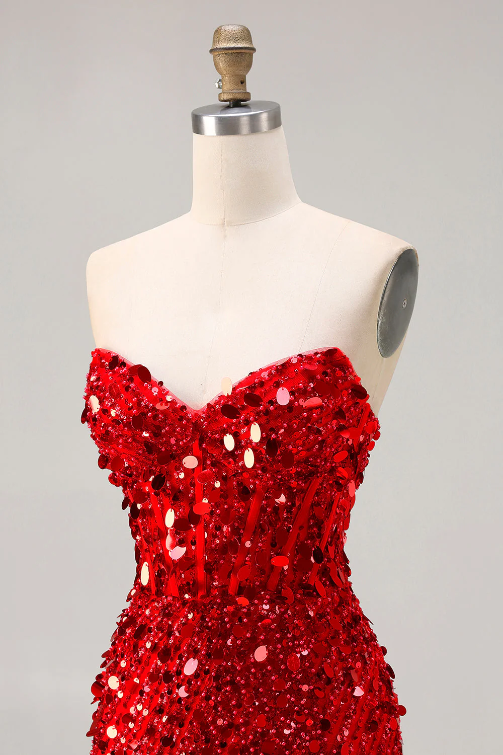 Sparkly Red Strapless Sheath Sequins Corset Long Prom Dress with Slit - Image 6