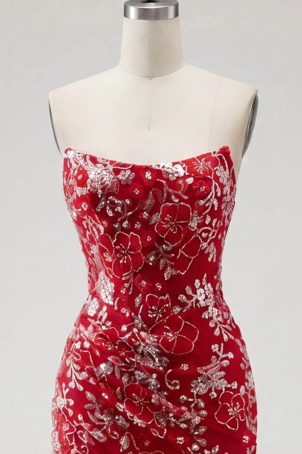 Strapless Red Bodycon Short Sequin Cocktail Dress - Image 5