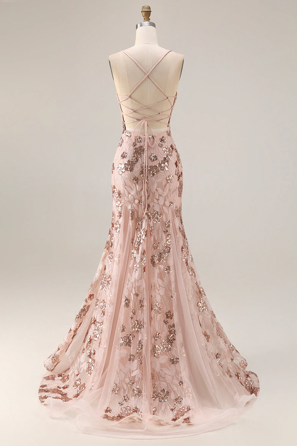 Sparkly Rose Golden Mermaid Lace Up Back Long Prom Dress with Sequins - Image 2