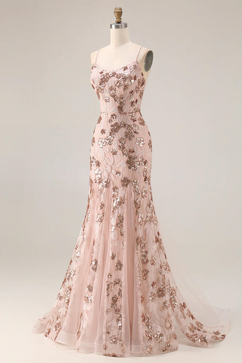 Sparkly Rose Golden Mermaid Lace Up Back Long Prom Dress with Sequins - Image 3