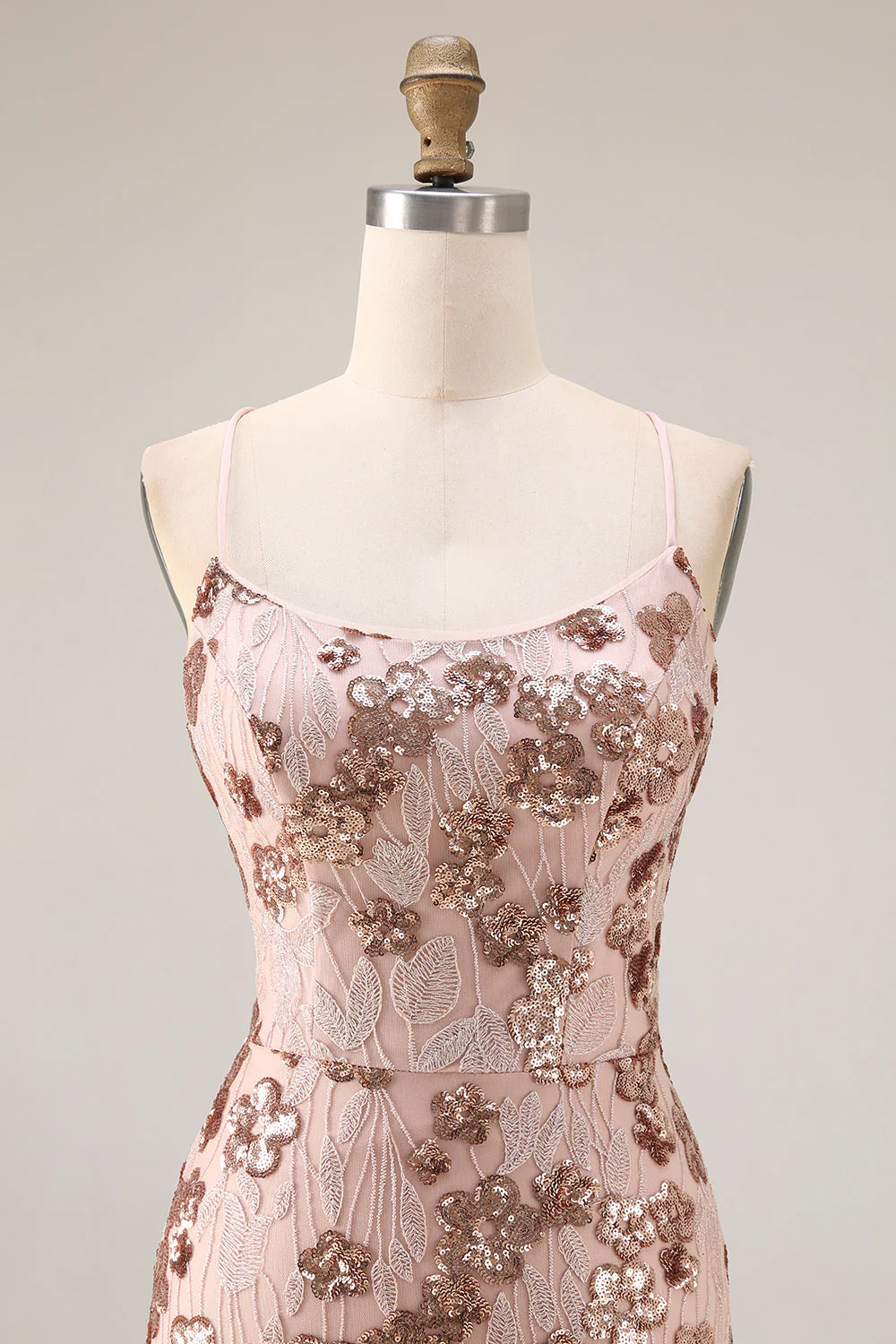 Sparkly Rose Golden Mermaid Lace Up Back Long Prom Dress with Sequins - Image 4
