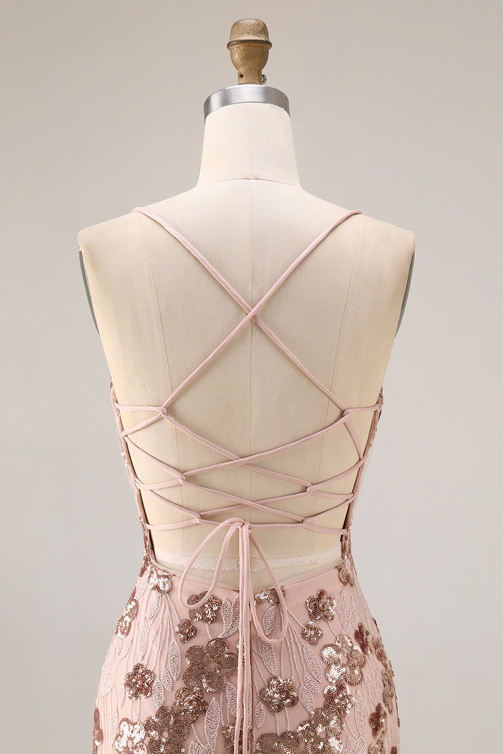 Sparkly Rose Golden Mermaid Lace Up Back Long Prom Dress with Sequins - Image 5