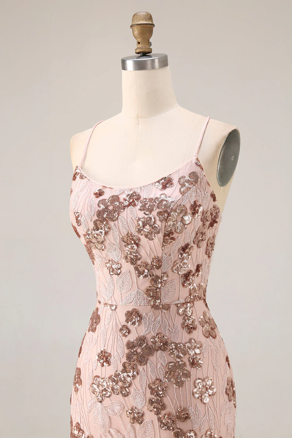 Sparkly Rose Golden Mermaid Lace Up Back Long Prom Dress with Sequins - Image 6