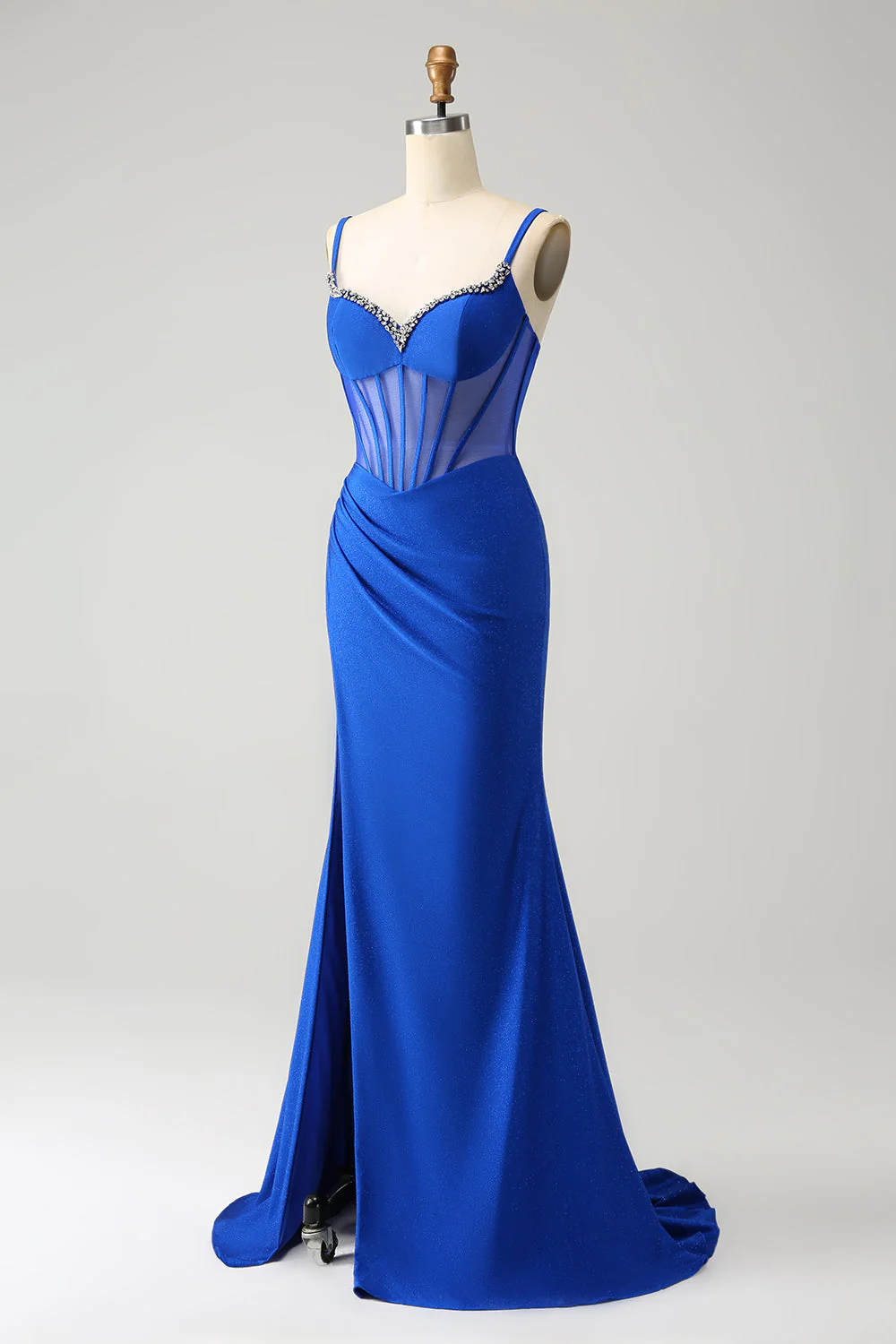 Sparkly Royal Blue Mermaid Beaded Corset Long Prom Dress with Slit - Image 3