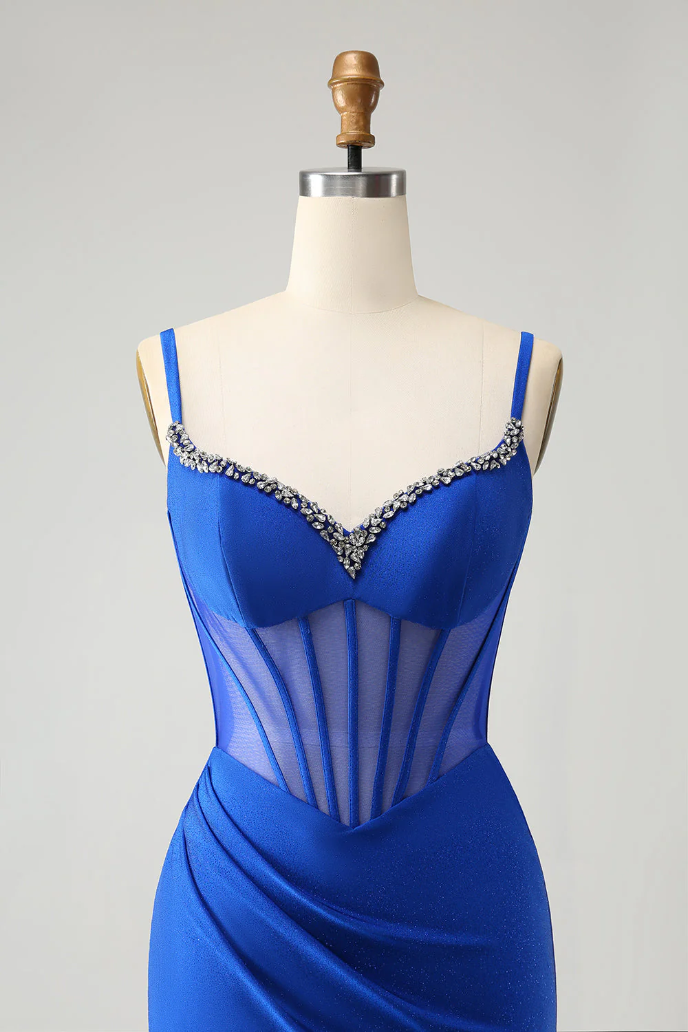 Sparkly Royal Blue Mermaid Beaded Corset Long Prom Dress with Slit - Image 4