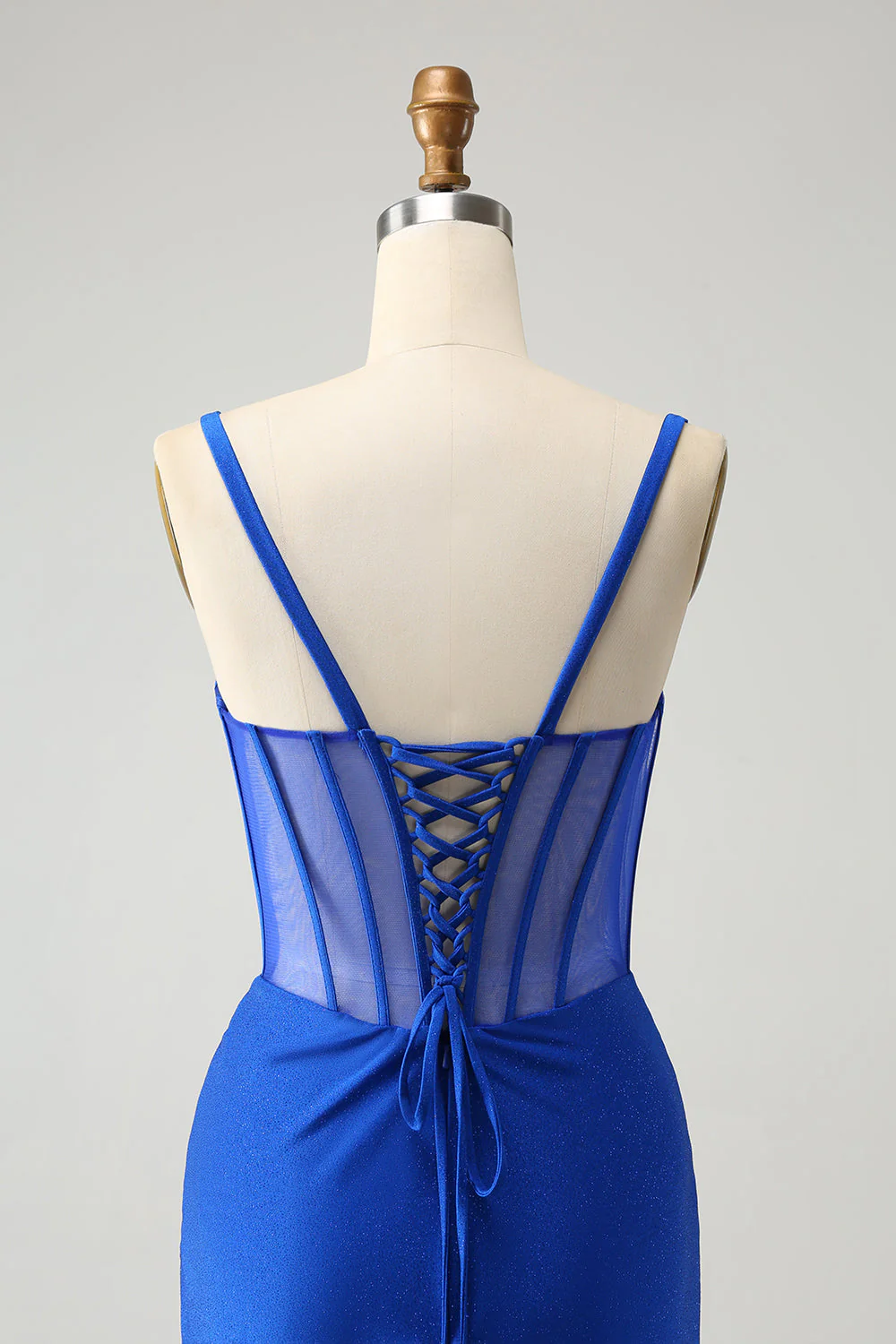 Sparkly Royal Blue Mermaid Beaded Corset Long Prom Dress with Slit - Image 5