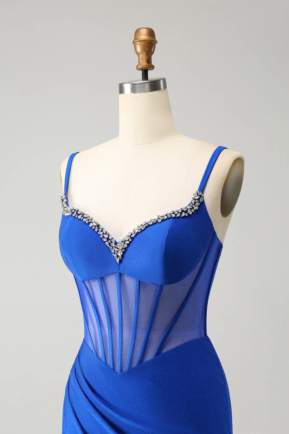 Sparkly Royal Blue Mermaid Beaded Corset Long Prom Dress with Slit - Image 6