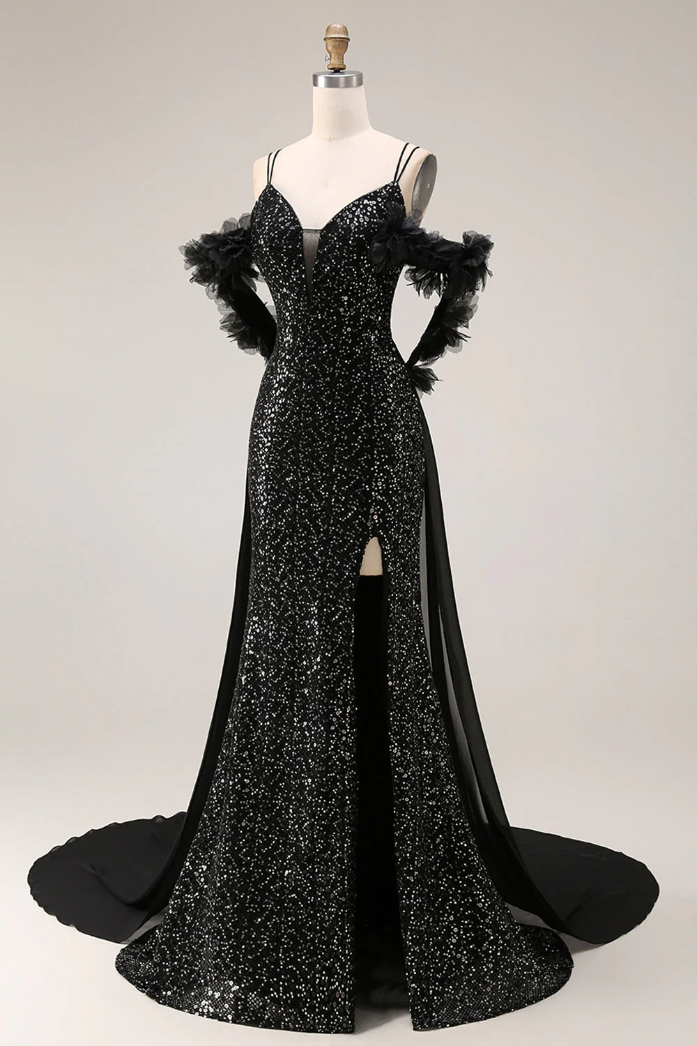 Sparkly Sequins Black Cold Shoulder Mermaid Long Prom Dress with Slit - Image 2