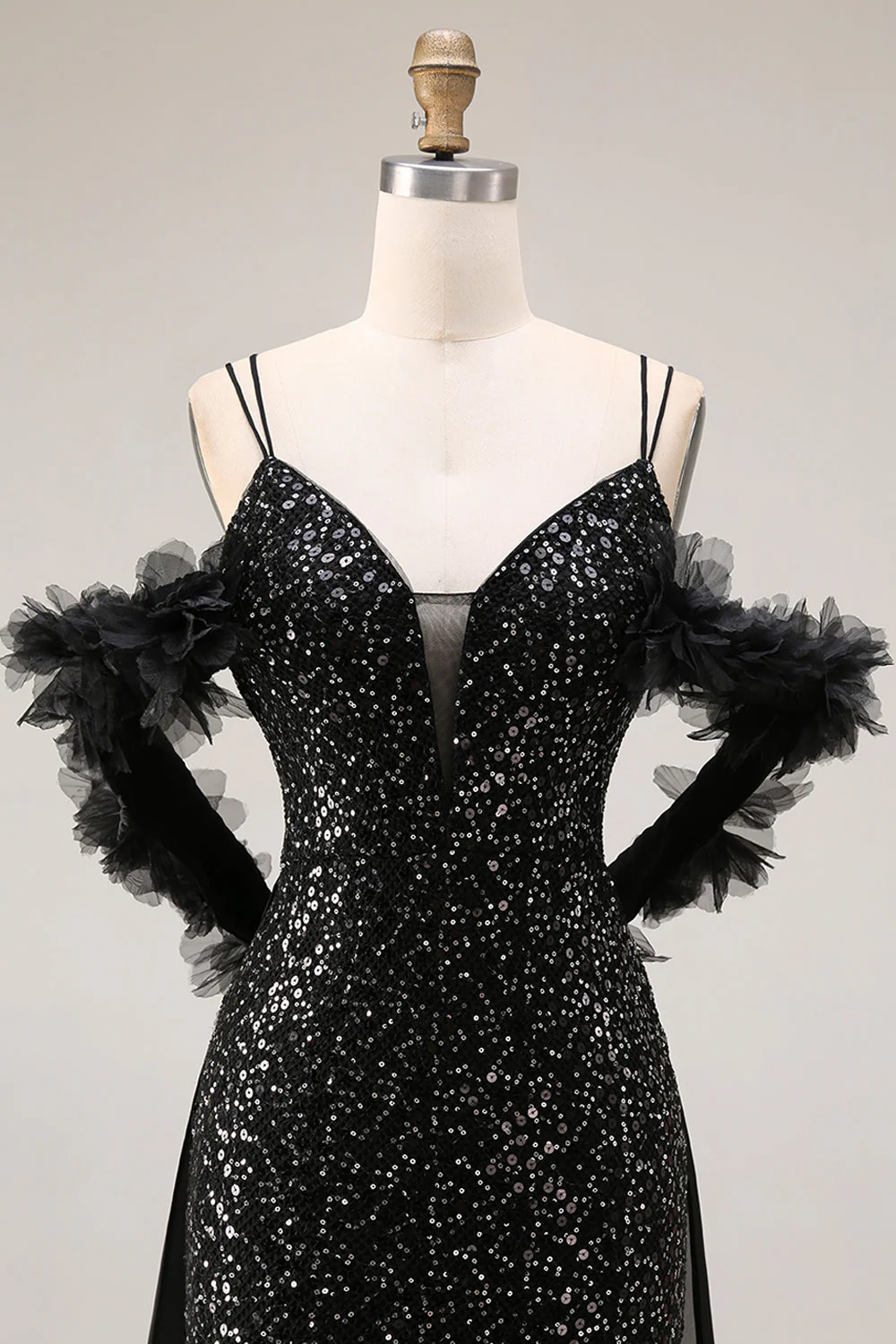 Sparkly Sequins Black Cold Shoulder Mermaid Long Prom Dress with Slit - Image 3
