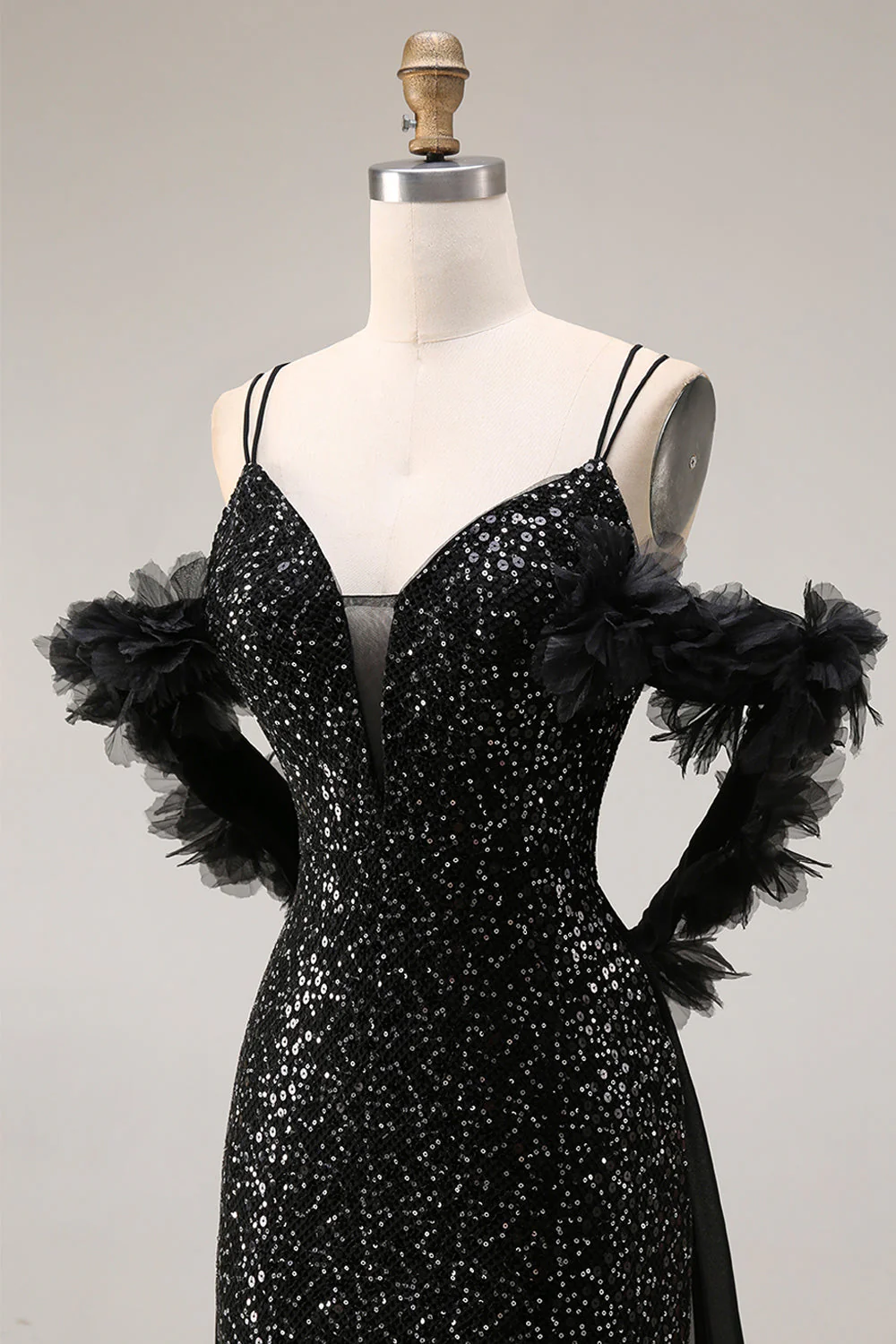 Sparkly Sequins Black Cold Shoulder Mermaid Long Prom Dress with Slit - Image 4