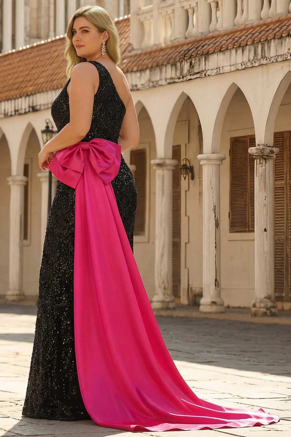 Sparkly Sequins Bow One Shoulder Black Mermaid Long Plus Size Prom Dress with Slit - Image 2
