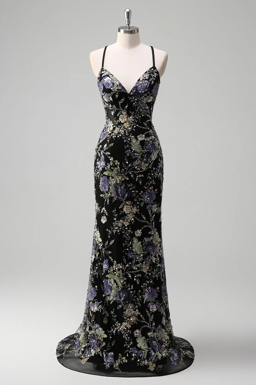 Sparkly Sequins Mermaid Spaghetti Straps Black Prom Dress with Appliques - Image 3